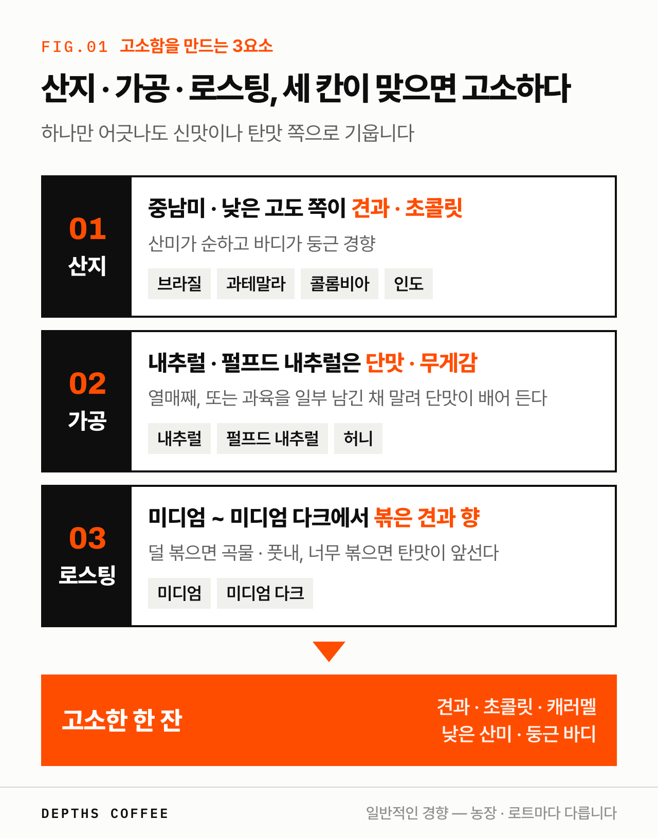 고소함을 만드는 3요소 — 중남미 산지, 내추럴·펄프드 내추럴 가공, 미디엄~미디엄 다크 로스팅
